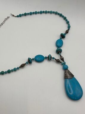 Large Turquoise-Colored Teardrop Pendant Beaded Statement Necklace. Adjustable